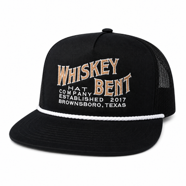 The Bozeman — black trucker hat with Whiskey Bent Hat Company embroidery and white rope